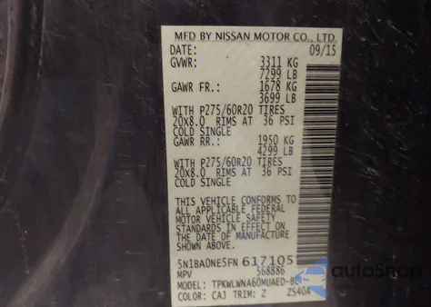 2015 Nissan Armada Platinum from USA, damaged, VIN 5N1BA0NE5FN617105